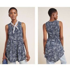Anthropologie Womens Riley Top XS Smocked Sleeveless Tunic Teal Blue Geometric